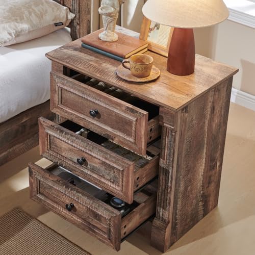 Aitjunz 26" Tall Nightstand w/Charging Station, 3 Drawers, Light Brown