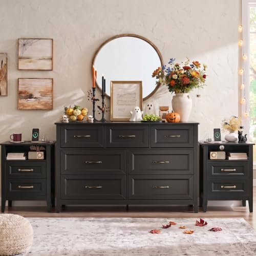 Gizoon 3PC Bedroom Furniture Set, 7 Chest of Drawers & 2 Nightstands with Charging Station, USB Type-C Outlet, Farmhouse Bedside Table Combo, Black Bedroom Set