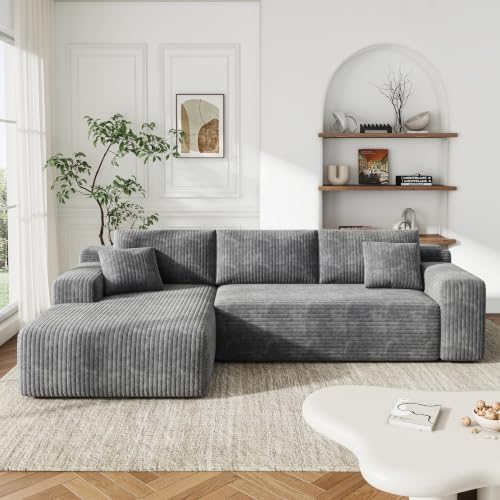 96" L-Cloud Sectional Boneless Couches for Living Room, Corduroy Fabric Modular Sectional Sofa with Chaise, Cloud-Couch Deep Seat Sofa, No Assembly Required, Gray