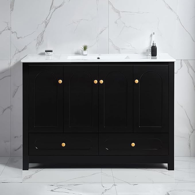 LUMISOL 48" Bathroom Vanity with Sink, Modern Single Bathroom Vanity with 4 Soft-Closing Doors & 2 Drawers, 48" Bathroom Storage Cabinet with Resin Basin, Black