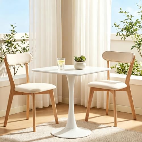 Square Dining Table, 27.6" Tulip Table with Thickened Tabletop & Metal Pedestal, Mid Century Modern Bistro Table for Kitchen, Small Places, Living Room, Cafe (White)