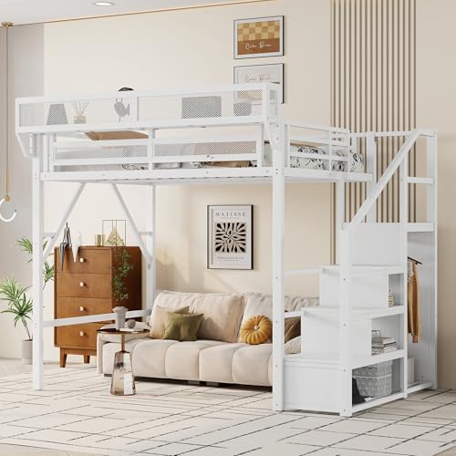KEIKI Full Size Metal Loft Bed Frame with Convertible Staircase, Built-in Storage Shelves and Wardrobe, Loft Bed with Solid Slats, Guardrail, No Box Spring Required, Easy Assembly, for Bedroom, White