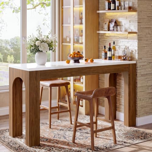 Tribesigns 63-Inch Bar Table, Long Counter Height Pub Table with Arched Leg, Farmhouse Rectangular Home Bar Coffee Unit for Dining Room, Bistro, Restaurant, White & Brown