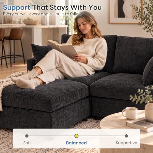Iroomy Sectional Couch for Living Room, Comfy L Shaped Convertible Sofa, 4 Seater Modern Chenille Sofa with Ottoman,Black