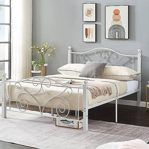 VECELO Full Size Bed Frame with Headboard and Footboard, Heavy Duty Metal Slat Support, Platform Mattress Foundation, No Box Spring Needed, Easy Assembly, White