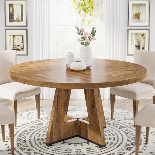 Tribesigns 47 inch Round Dining Table Wood Kitchen Table for Dining Room, 47" Dinner Room Tables for 4-6, Farmhouse Accent Furniture with Wooden Tabletop and Cross Base, Burlywood