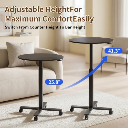Adjustable Bar Table, 23.6" Round with Gas Spring Height Adjustment (28.3"-42.5"), Rolling Cocktail Table with Lockable Casters, Modern Bistro Table for Kitchen, Home Bar & Small Spaces