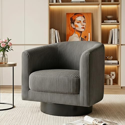 Swivel Accent Chairs, 360 Degree Bucket Chair, Modern Upholstered Barrel Armchair, Comfy Corduroy Single Sofa for Living Room Bedroom, Grey