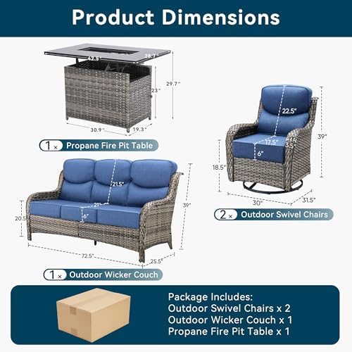 Luxury Patio Furniture Set with Fire Pit Table-4 Pieces High Back Wicker Swivel Rocker Chairs with 6" Extra Thick Cushions, Outdoor Patio Conversation Sets for Porch Deck Backyard(Grey/Blue)