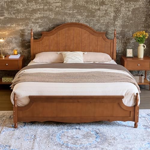 LUXOAK California King Solid Wood Poster Bed, 55" Arched Headboard, Caramel