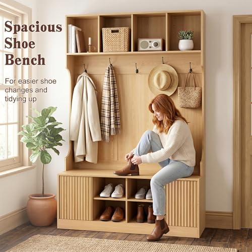 5-in-1 Hall Tree with Bench and Shoe Storage with LED Sensor Light, OAK丨Entryway Coat Rack with Hooks and Storage Cubes, Shoe Cabinet with Fluted Door, Modern Hall Tree for Entryway, Living Room
