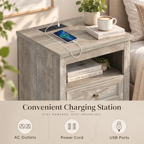 LOUVIXA Farmhouse Bedroom Sets of 4, Including 9 Drawer Dresser, 5 Drawer Dressers and Nightstand Set of 2 with Charging Station (Grey Sets, 4 Pieces)
