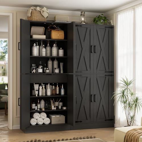 Unikito 71" Pantry Storage Cabinet with Adjustable Shelves and Drawers | Large Wooden Farmhouse Storage Cupboard, Barn Door, Sturdy and Deep, Versatile for Dining Room, Living Room, Utility Room