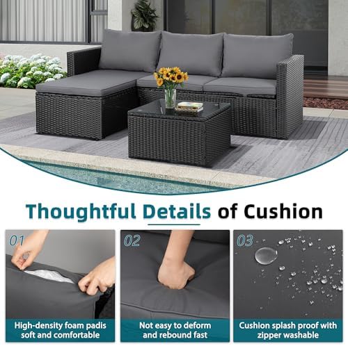 SUNLEI Patio Furniture Set with Detachable Soft Cushions, Outdoor PE Rattan Patio Conversation Sofa Set, 3-Piece Patio Sectional Sofa with Glass Coffee Table (Black Rattan&Charcoal)