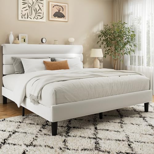 Fluest Queen Bed Frame, Platform Bed Frame with Velvet Upholstered Headboard, No Box Spring Needed, Sturdy Metal Support, Noise Free, Easy Assembly, Modern Bedroom Furniture, White