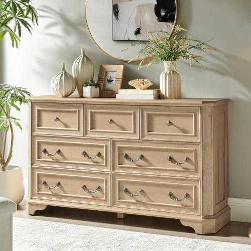 T4TREAM Farmhouse 7 Drawers Dresser for Bedroom, 54" Wide Wood Rustic Chest of Drawers with Natural Texture, Vintage Design, Storage Dressers Organizer for Bedroom, Living Room, Hallway, Natural Oak