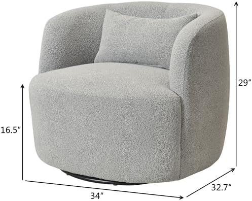 KINWELL 34" W Boucle Swivel Barrel Chair with Toss Pillow, Gray