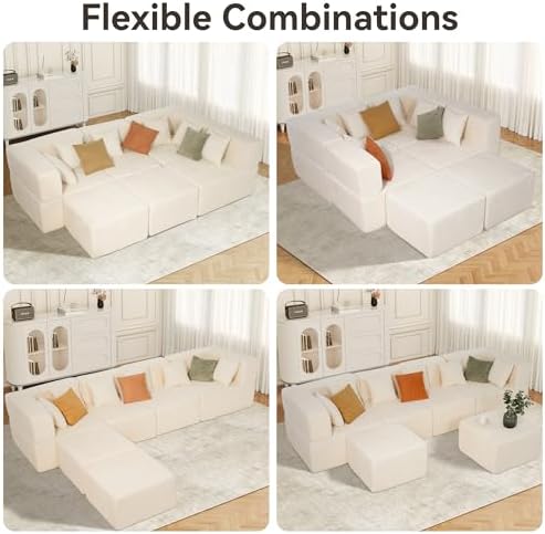 MONVANE 130'' Modular Sectional Cloud Couch for Living Room, 6 Seater Convertible Chenille Couches Set with Ottoman & Pillow, No Assembly Compression Sofas, Comfy Floor Sofa with Memory Foam, Beige
