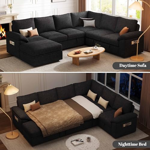 106'' Modular Sectional Sofa with Pull Out Bed, Sleeper Sofa, Black