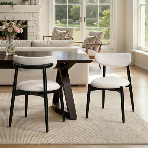 CHUN YI Dining Chairs Set of 4, Wooden Dining Room Chairs with Ergonomic Curved Back, Upholstered Mid Century Modern Kitchen Chairs, Cream/Black