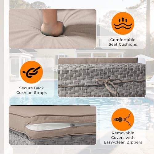 12-Seat Modern Outdoor Wicker Rattan Patio Furniture Set with 55,000 BTU Fire Pit Table, Thick 4″ Cushions, All-Weather Dual-Strand Rattan, Rust-Resistant Steel Frame,Beige