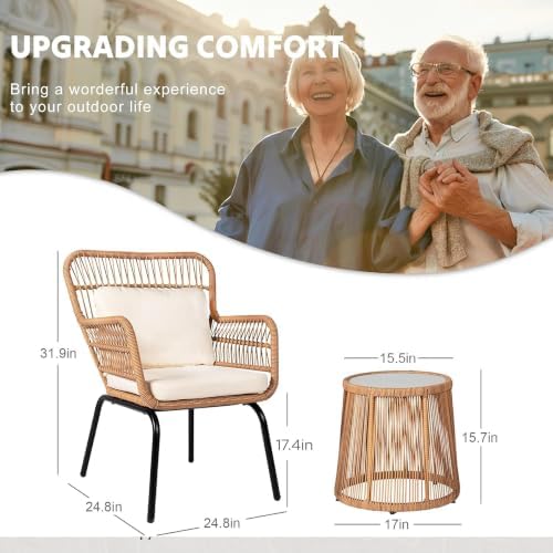 3 Piece Outdoor Wicker Furniture Bistro Set, Rattan Chairs Conversation Sets Wicker Patio Furniture for Balcony Poolside Backyard, Yellow/Beige
