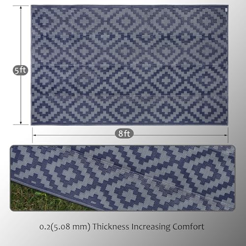 SAND MINE Reversible Mats, Plastic Straw Rug, Modern Area Rug, Large Floor Mat and Rug for Outdoors, RV, Patio, Backyard, Deck, Picnic, Beach, Trailer, Camping (5' x 8', Blue Grey Lattice)