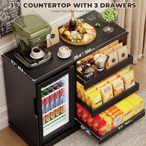 Snack Bar Cabinet with Fridge Included for Home Theater, Black