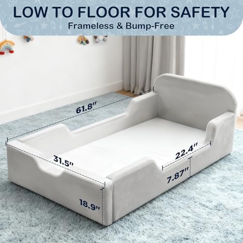 Toddler Floor Bed, No Assembly Needed - Super Soft Full Foam Kids Bed with Removable Washable Cover for Ages 3-5 (61.8"x31.5"x18.9")