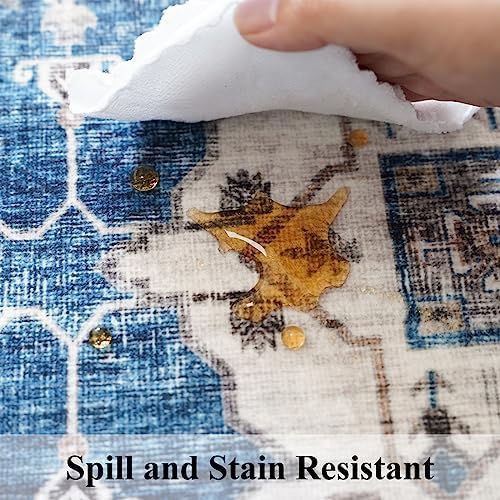 Hallway Washable Runner Rug - 2'6x12 Kitchen Rugs Entryway Rug Runner Vintage Soft Floor Mat Non Slip Indoor Farmhouse Carpet for Bathroom Living Room Bedroom (2'6''x12', Blue)