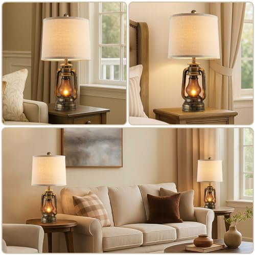 Set of 2 Farmhouse Lantern Table Lamps for Living Room with 2 USB Charging Ports, Rustic Vintage Nightstand Lamps with Nightlight for Bedroom End Table Entryway, 4 Bulb Included
