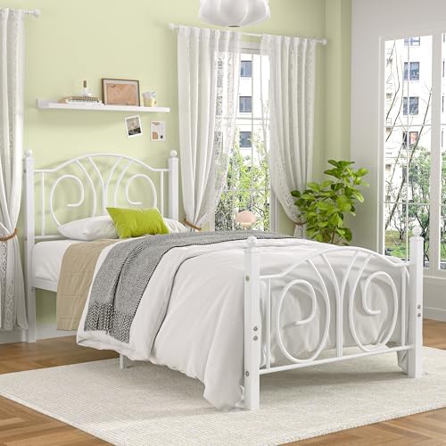VECELO Twin Size Metal Platform Bed Frame with headboard and Footboard, Heavy Duty Mattress Foundation, Steel Slat Support, No Box Spring Needed, Easy Assembly, Pure White
