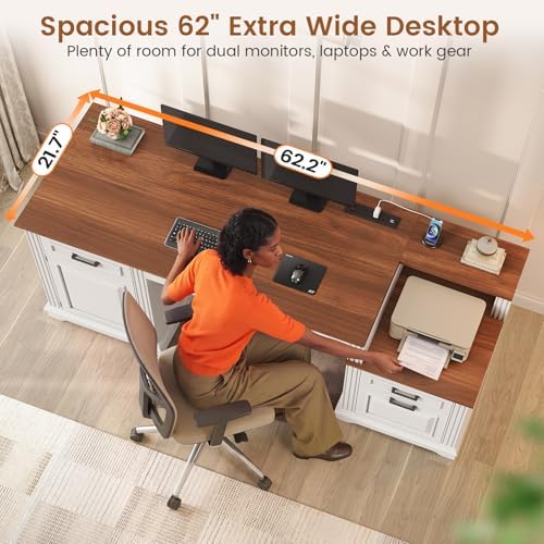 SEDETA Farmhouse Executive Desk, 62'' Home Office Desk with File Drawers, 3Drawer and Storage Cabinet, Computer Desk with Power Outlet for Home Office, Work Study Writing, White + Walnut