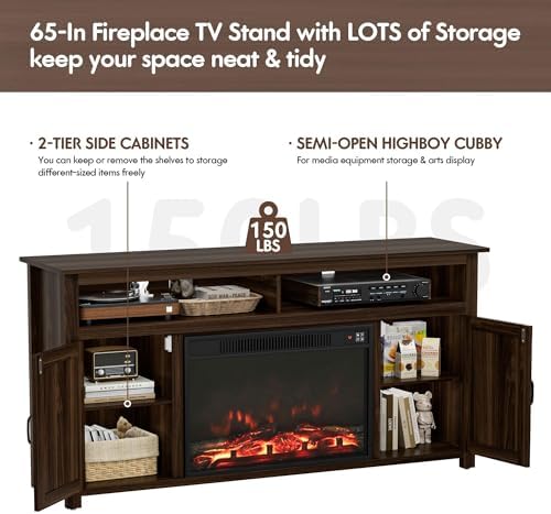 YESHOMY Farmhouse Fireplace TV Stand for Television up to 65+ Inch, Walnut