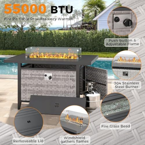 8‑Seat Modular Wicker Patio Set with Fire Pit Table, 2 Swivel Rocking Chairs, 4" Cushions, Rust‑Resistant Steel Frame, L‑Shape Rattan Sectional Sofa, Charcoal Grey