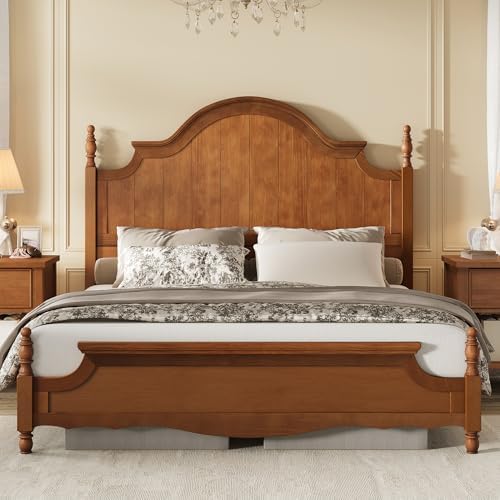 AMERLIFE King Solid Wood Poster Bed with Arched Headboard, Brown