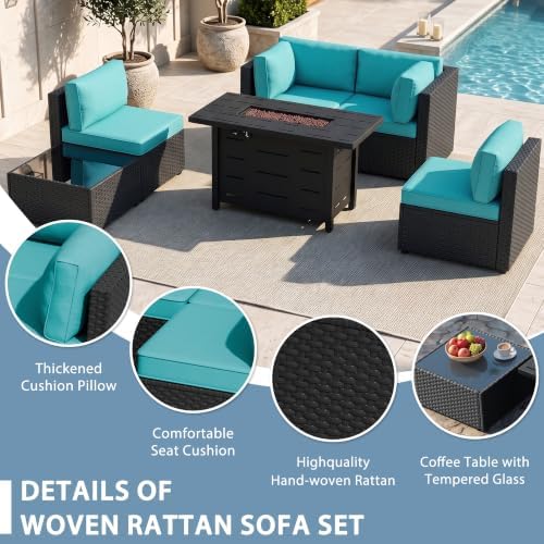 Shintenchi 6 Piece Outdoor Patio Furniture Set with 43 Inch Propane Fire Pit, Washable Cushions, Glass Coffee Table, Waterproof Cover & CSA Certified for Backyard Poolside, Black PE Rattan/Blue