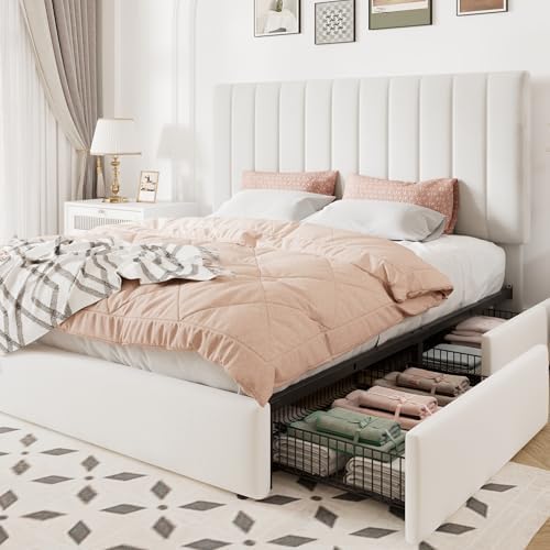 Allewie Queen Size Storage Bed Frame, Vertical Channel Tufted Adjustable Headboard, Velvet Upholstered Platform Bed with 4 Oversized Underbed Drawers, Wooden Slats Support, No Box Spring Needed, White