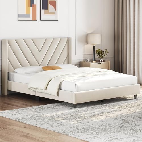 Yaheetech Full Bed Frame with Chevron Channel-Tufted Headboard, Beige