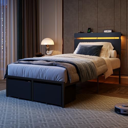 Forestell Twin Bed Frame with Wood Headboard,2 Storage Drawers & Shelf