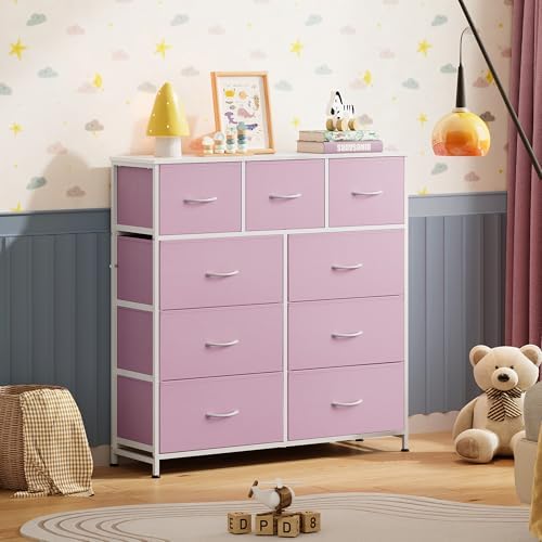 WLIVE 9 Drawer Dresser for Bedroom, Tall Chest of Drawers, A-Pink