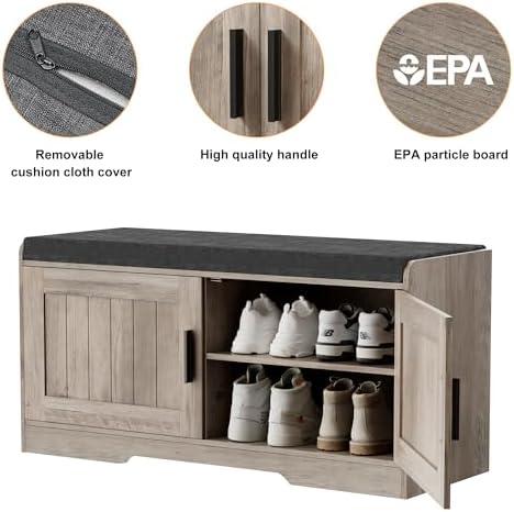 Homleke Shoe Storage Bench, 2 Doors & Thickened Padded Seat Cushion