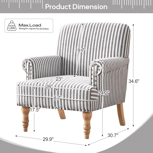 HUIMO Linen Fabric Accent Chair, Mid-Century Modern Upholstered Armchair with Solid Wood Legs, Comfy Reading Club Chair for Living Room Bedroom (2, Dark Grey and White Stripe)