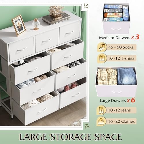 WLIVE Tall Dresser for Bedroom, 9 Drawer Chest of Drawers, White
