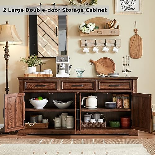 JXQTLINGMU 66" Farmhouse Buffet Cabinet with Storage, Sideboard Credenza, Carved Cloud-Inspired Doors, 3 Drawers & Adjustable Shelves, Coffee Bar Cabinet, Dark Brown