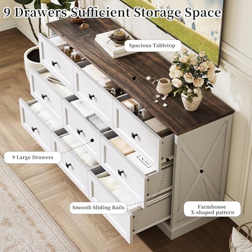 Farmhouse 9 Drawers Dresser Chests for Bedroom, White 9 Drawers TV Stand