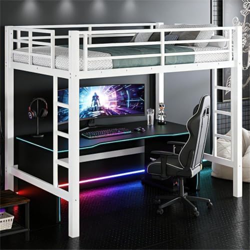 Bellemave Queen Size Loft Bed Frame with 2 Ladder, Sturdy Metal Construction & High Guardrail, Space-Saving Queen Loft Bed for Kids, No Box Spring Needed, Safe for Kids, Adults, Teens, Dorms, White