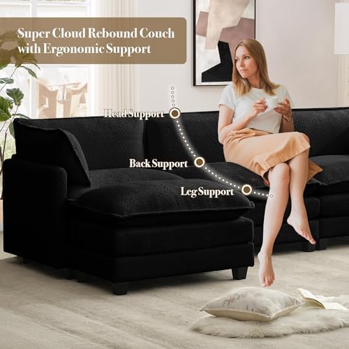 ROWHY 112'' Modular Sectional Cloud Couch with Movable Ottoman, 4 Seat Modern Chenille Sofa, Deep Seat L Shaped Couch for Living Room Bedroom Apartment,Jet Black