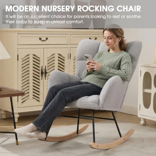 Nursery Rocking Chair, Teddy Upholstered Glider Chair with Thick Cushion, Tufted Gliding Rocker Chair with Wood Leg, Cozy Rocking Armchair, Accent Rocking Chair for Living Room (Light Gray)