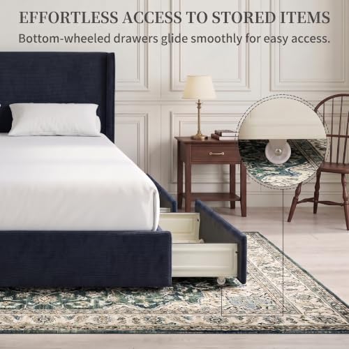 King Bed Frame with Storage Drawers, Corduroy Bed with Headboard, Black